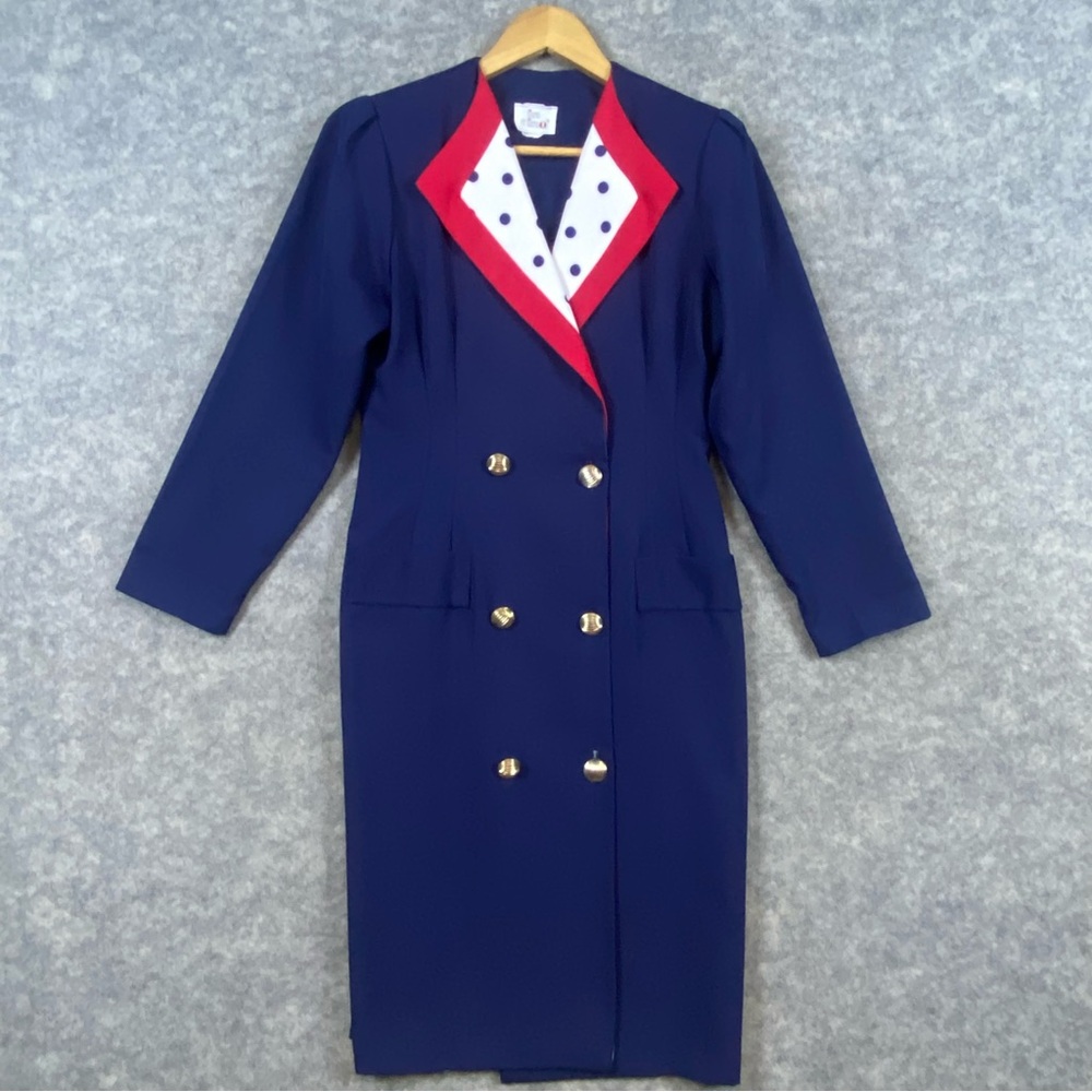 In Cinq 1980s Pencil Dress Size 6 Blue Red Polka Dot‎ Double Breasted Vintage
